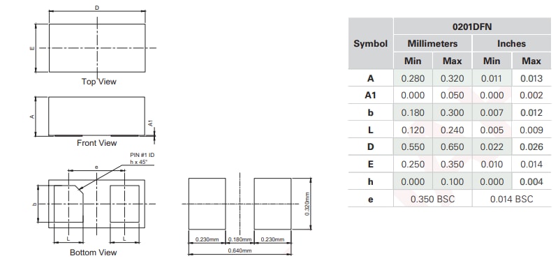 Mechanical Drawing - Littelfuse AQ1205-01UTG Bidirectional Discrete TVS Diode